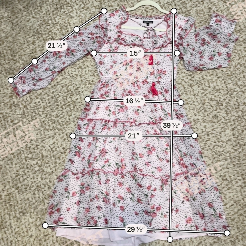 Antheaa Pink Floral Swiss Dot Midi Dress Ruffle Trim Tassel Tie Cottagecore XL - Picture 8 of 12